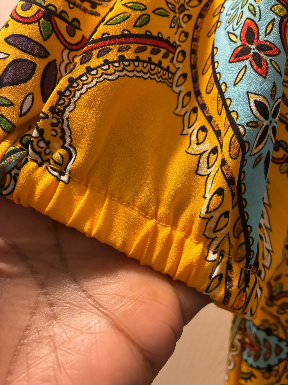 NWT New York & Company Bright Yellow Paisley Trim Wrap Dress flowy sleeves - Picture 8 of 9